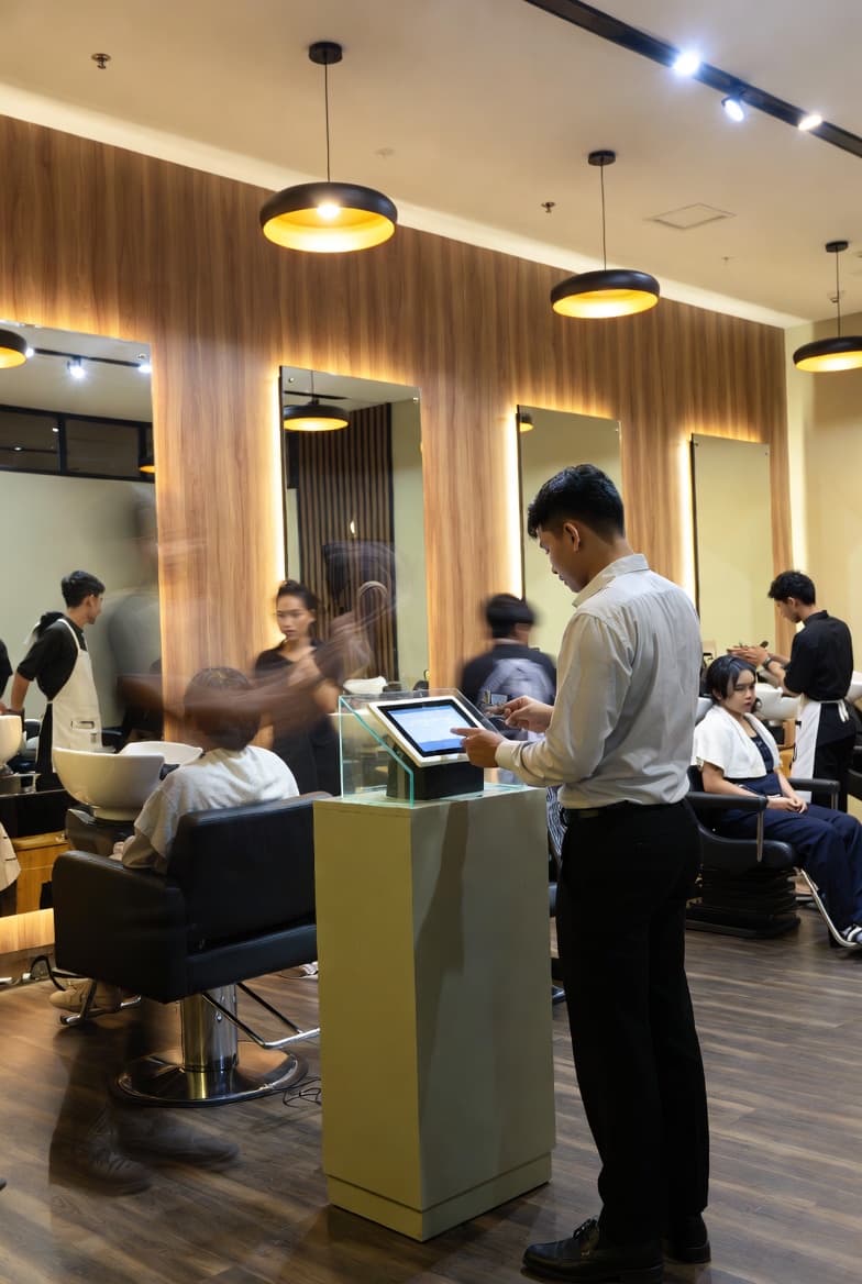 Modern salon with tablet kiosk